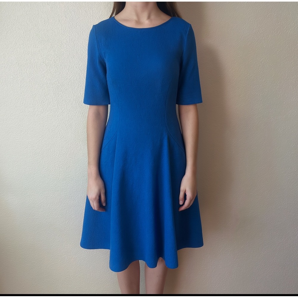 London Style Collection Blue Jacquard Fit & Flare Dress‎ Women's Size 8